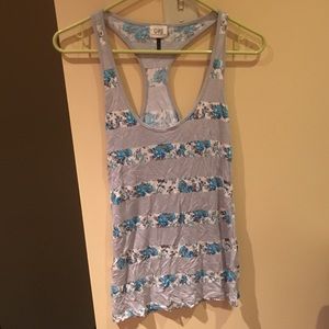Women’s Blue and White Floral Printed Striped Grey Racerback Tank Top
